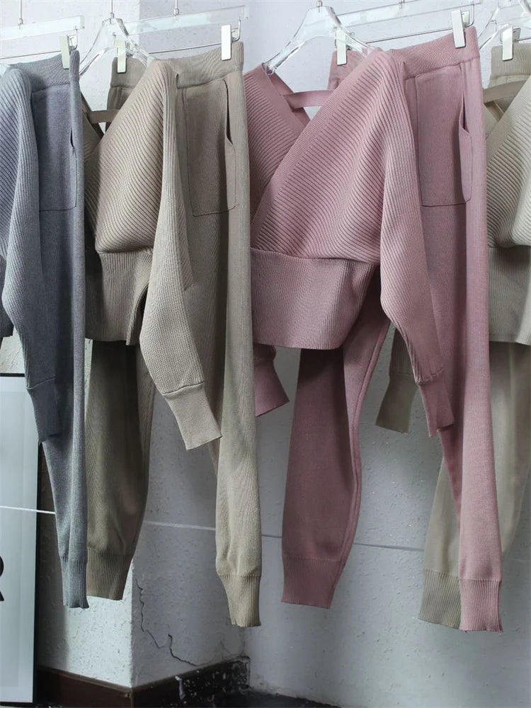 Tossy Knit V-neck Pullover 2 Piece-set for Patchwork Sweater and High Waist Drawstring ’s Pants Sets Outfits