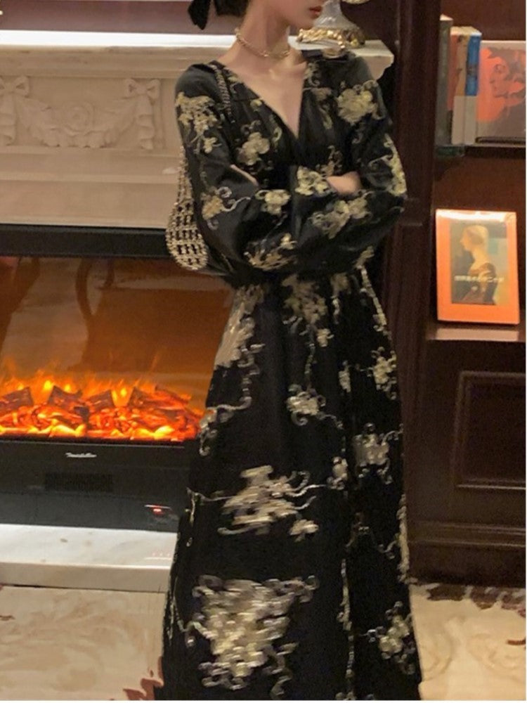 Printed Midi Dress Lantern Sleeve V-neck Autumn French Female Evening Party Prom Robe Vestidos Mujer New