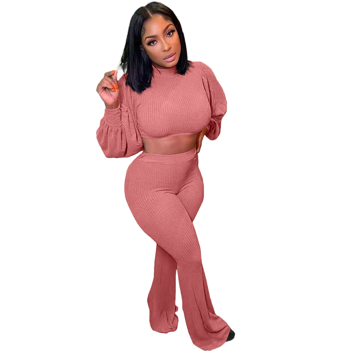 Urban Color Turtleneck Puff Sleeve Cropped Bell Bottom Pants Two Piece Set – Street Style Outfit
