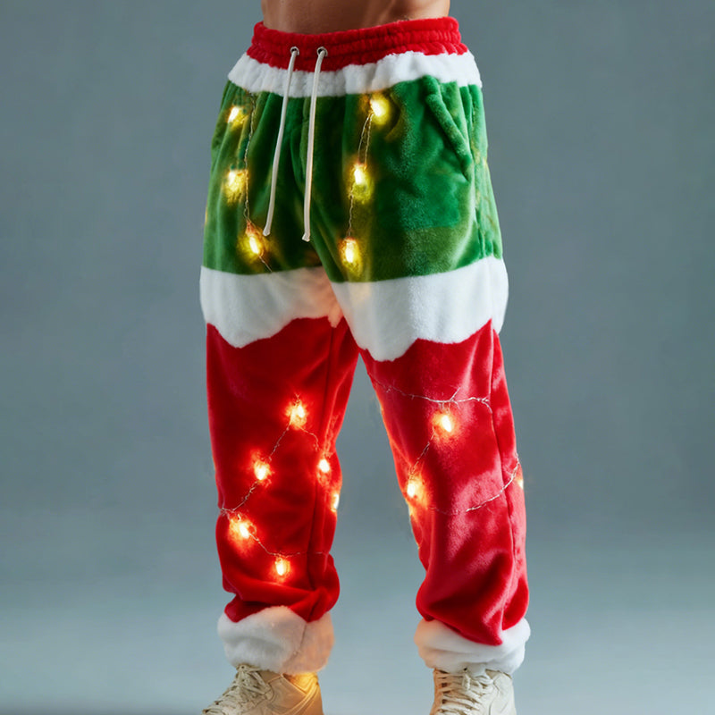 Comstylish Men's Fun Christmas Lights Color Block Comfortable Plush Sweatpants