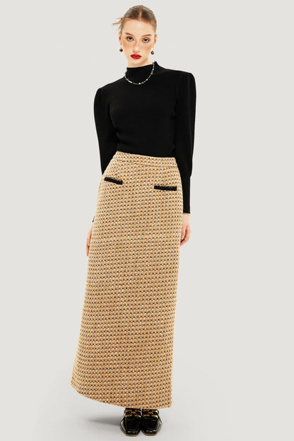 Tweed High Waist Split Maxi Skirt