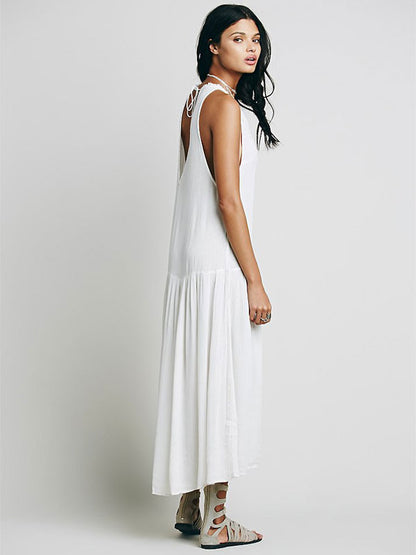 Dress Sleeveless V-neck Embroidered Gypsy Beach Vacation Teal Summer Long Tank Dress for