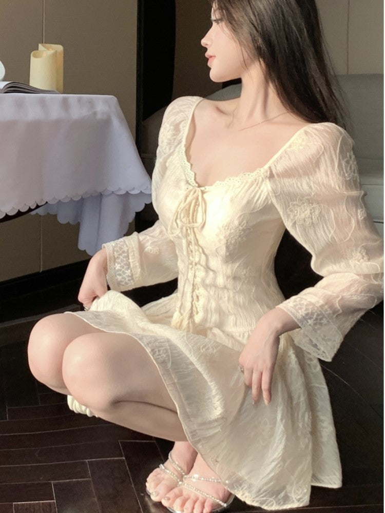Slim Lace-up Mini Dress Bodycon V-neck Long Sleeve Spring French A-line Kawaii Birthday Party Vestidos Mujers