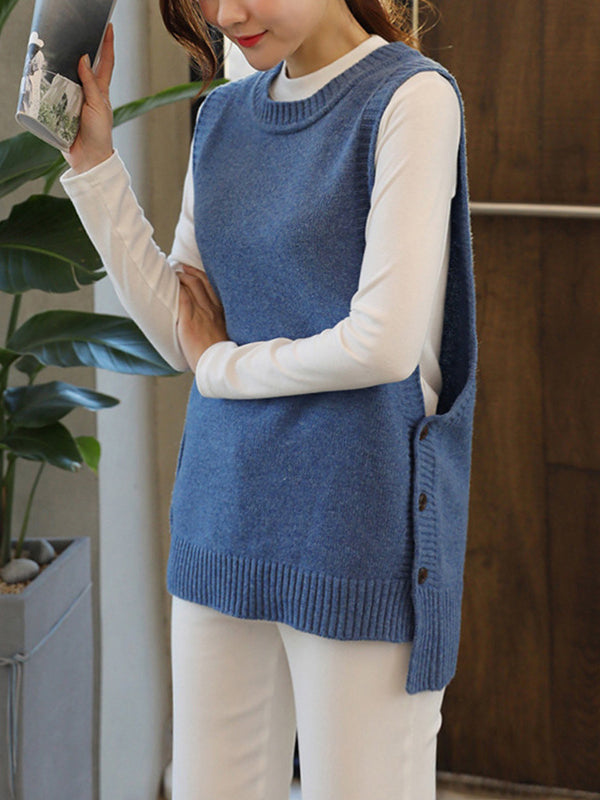 Simple Sleeveless Loose Buttoned Color Round-neck Sweater Vest Outerwear