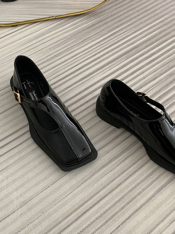 Buckle Hollow Split-joint Square-toe Flat Shoes Loafers