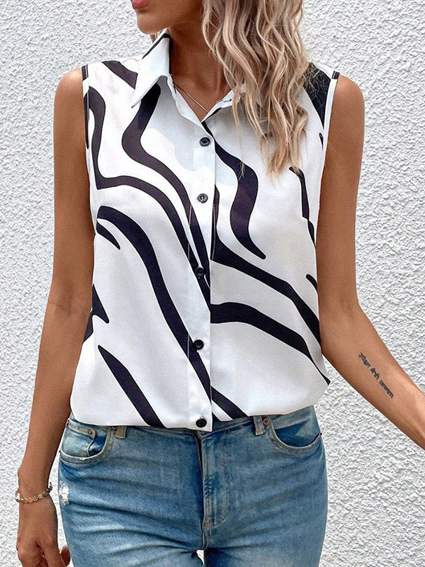 Loose Sleeveless Buttoned Printed Lapel Blouses&shirts Tops