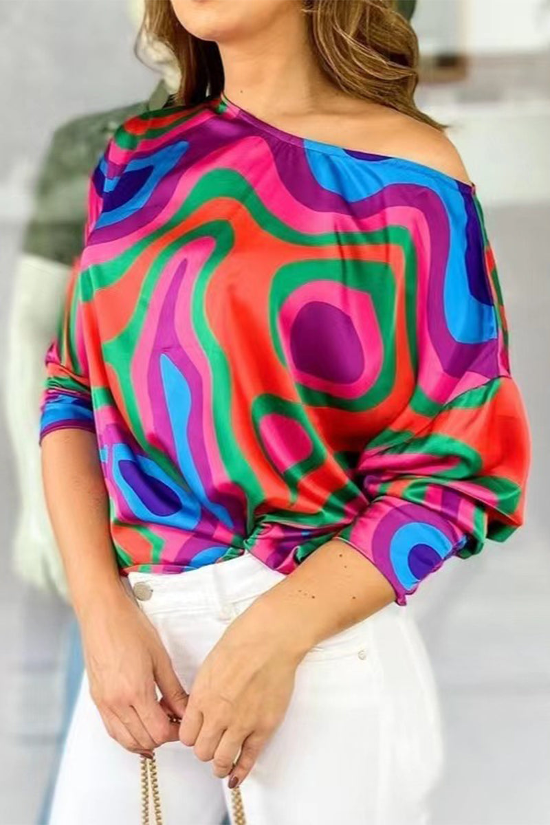 Work Print Patchwork Oblique Collar T-shirts