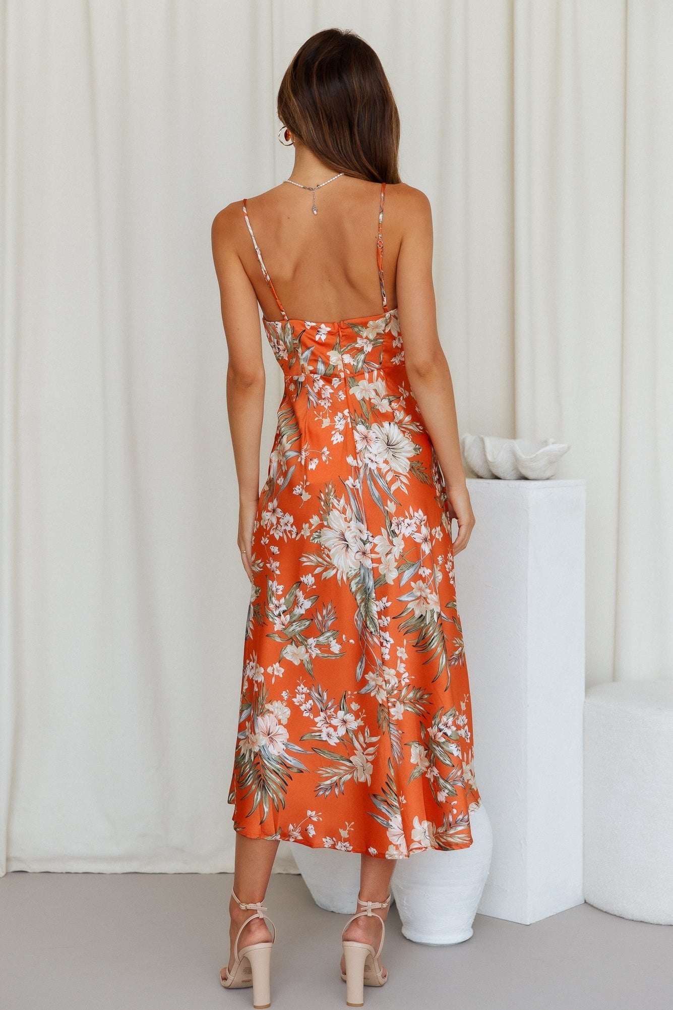 Printed Cami Slit Midi Dress Orange