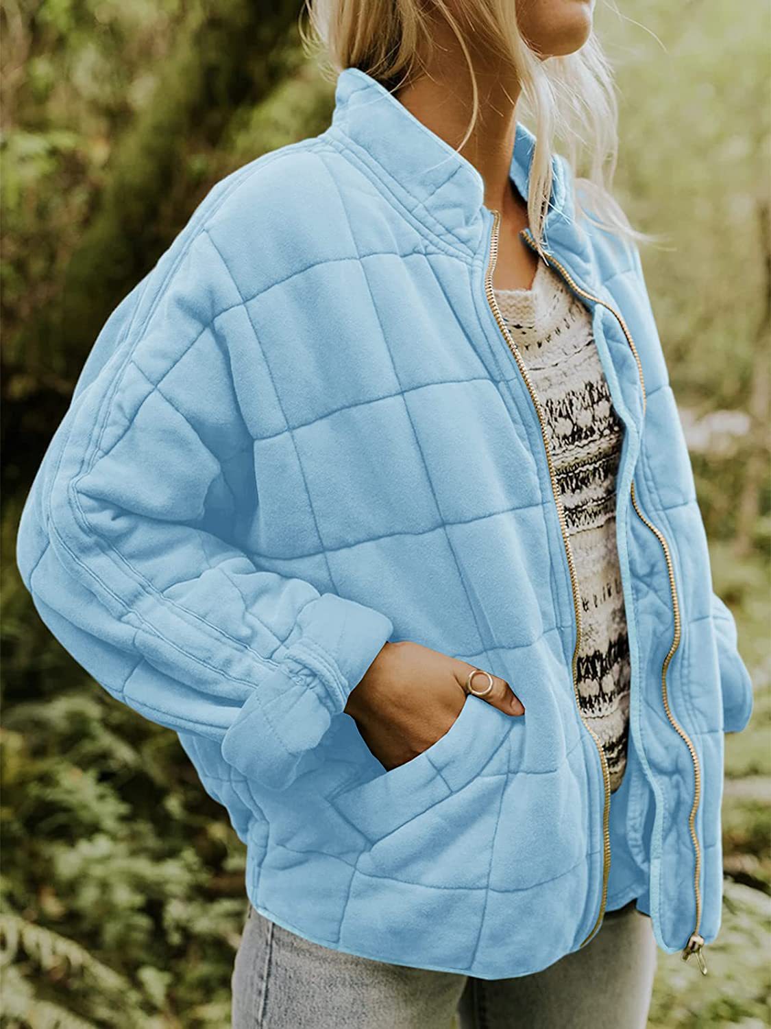 Stand collar padded loose pocket jacket