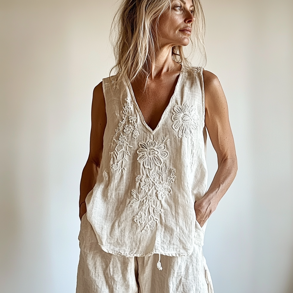 Women's Vintage Floral Pattern Cotton And Linen Vest artswardrobe