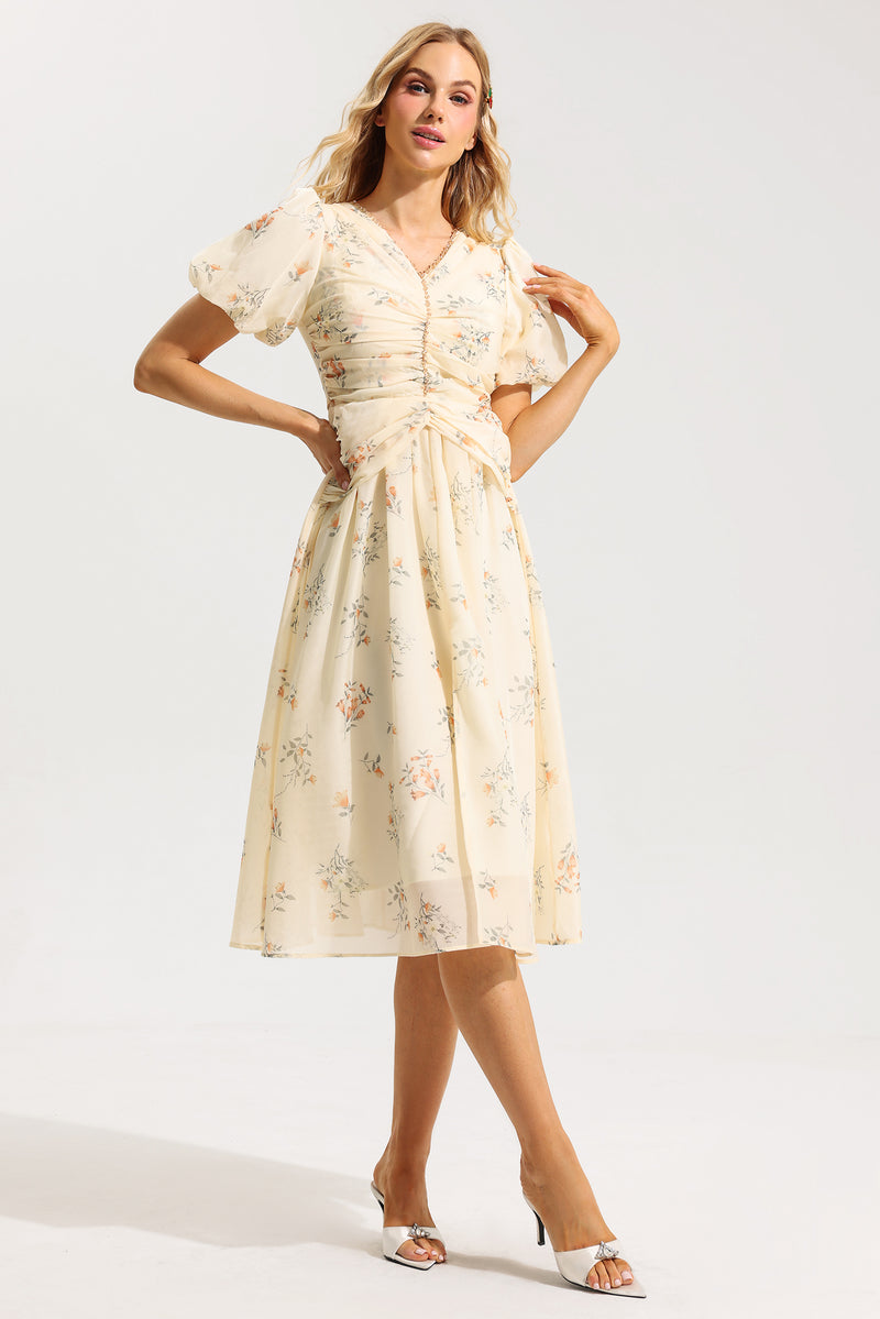 V-neck Short Sleeve Midi Dress