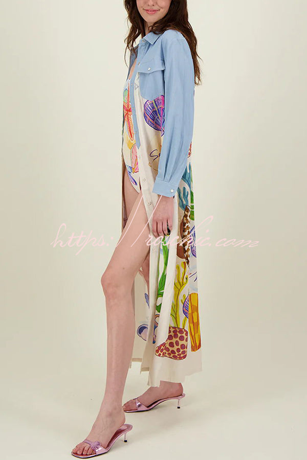 Take a Trip Marine Elements Unique Print Patchwork Pocketed Long Shirt Coat