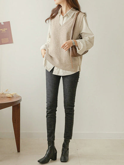 Loose Sleeveless Color V-neck Sweater Vest Outerwear