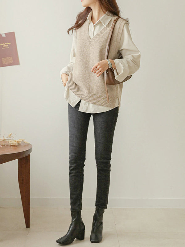 Loose Sleeveless Color V-neck Sweater Vest Outerwear