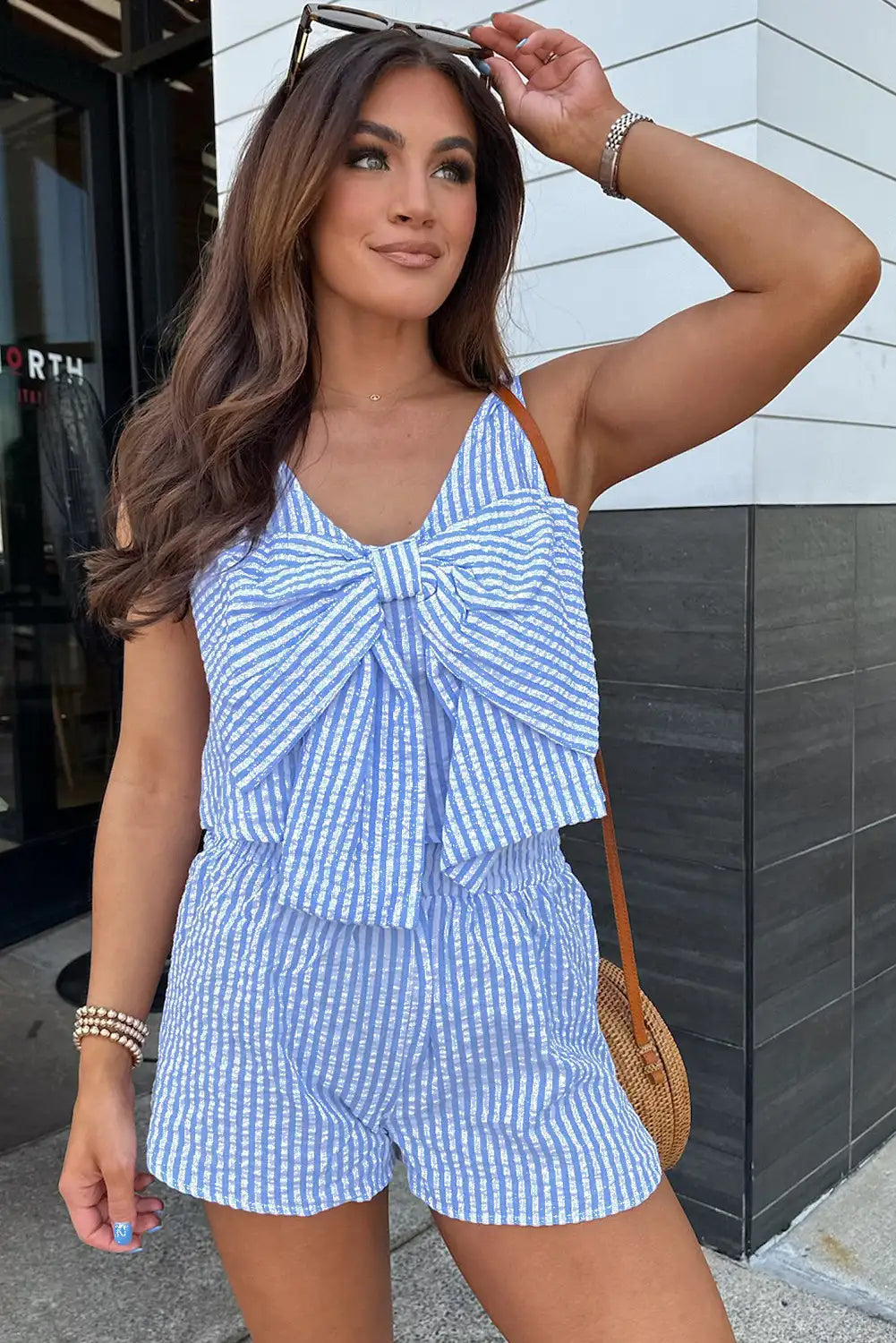 Delightful Sky Blue Striped Bowknot Crop Tank and Shorts Set