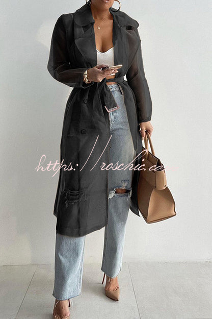 Color Patchwork Button Belt Pocket Long Sleeve Coat