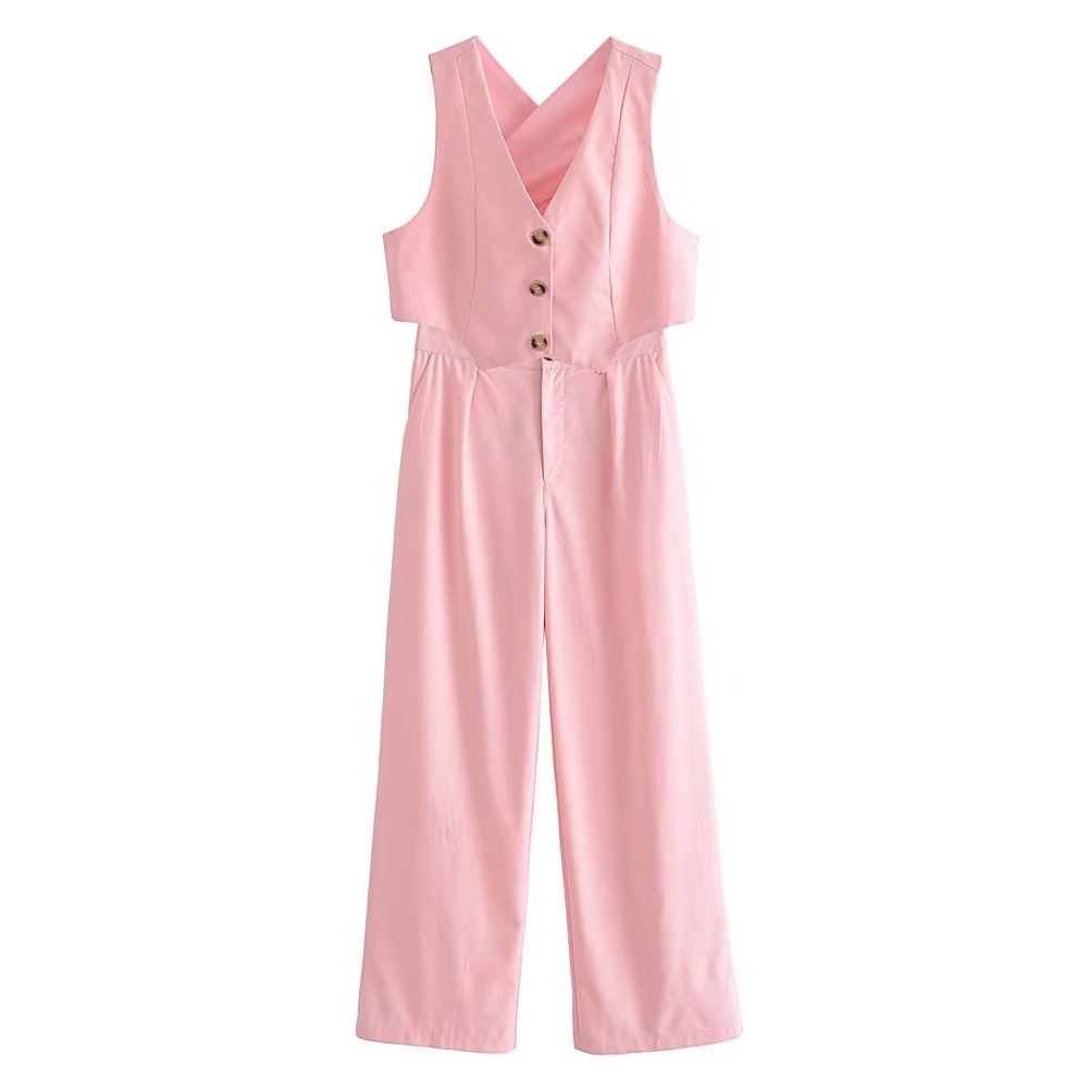 French All Match Decorated Row Button Vest Top Wide Leg Pants Suit Crisscross – ’s Set