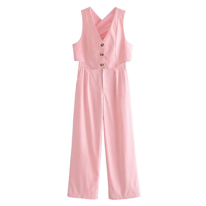French All Match Decorated Row Button Vest Top Wide Leg Pants Suit Crisscross – ’s Set
