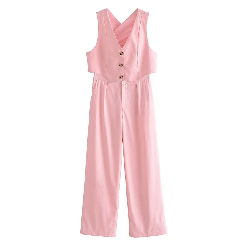 French All Match Decorated Row Button Vest Top Wide Leg Pants Suit Crisscross – ’s Set