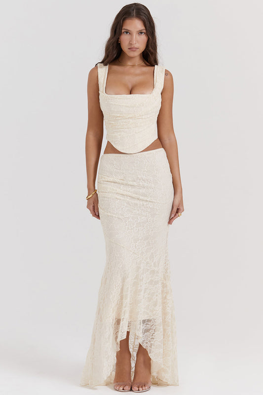 Lace Square Neck Top & Mid Waist Skirt Set