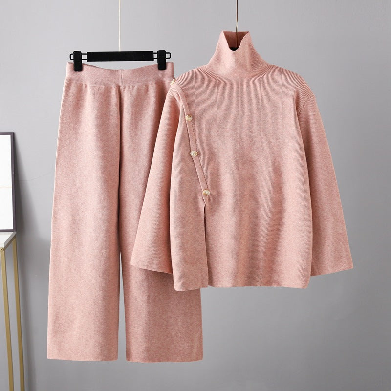 Stand Collar Slit Knitted Turtleneck Sweater Winter Warm Anti-aging Wide Leg Pants Set