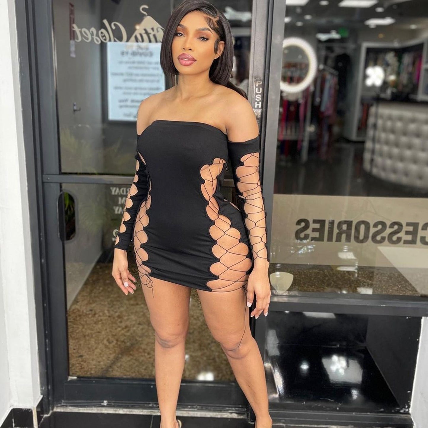’s Cutout Strap Off Shoulder Chest Wrapped Dress – Bodycon Mini Dress