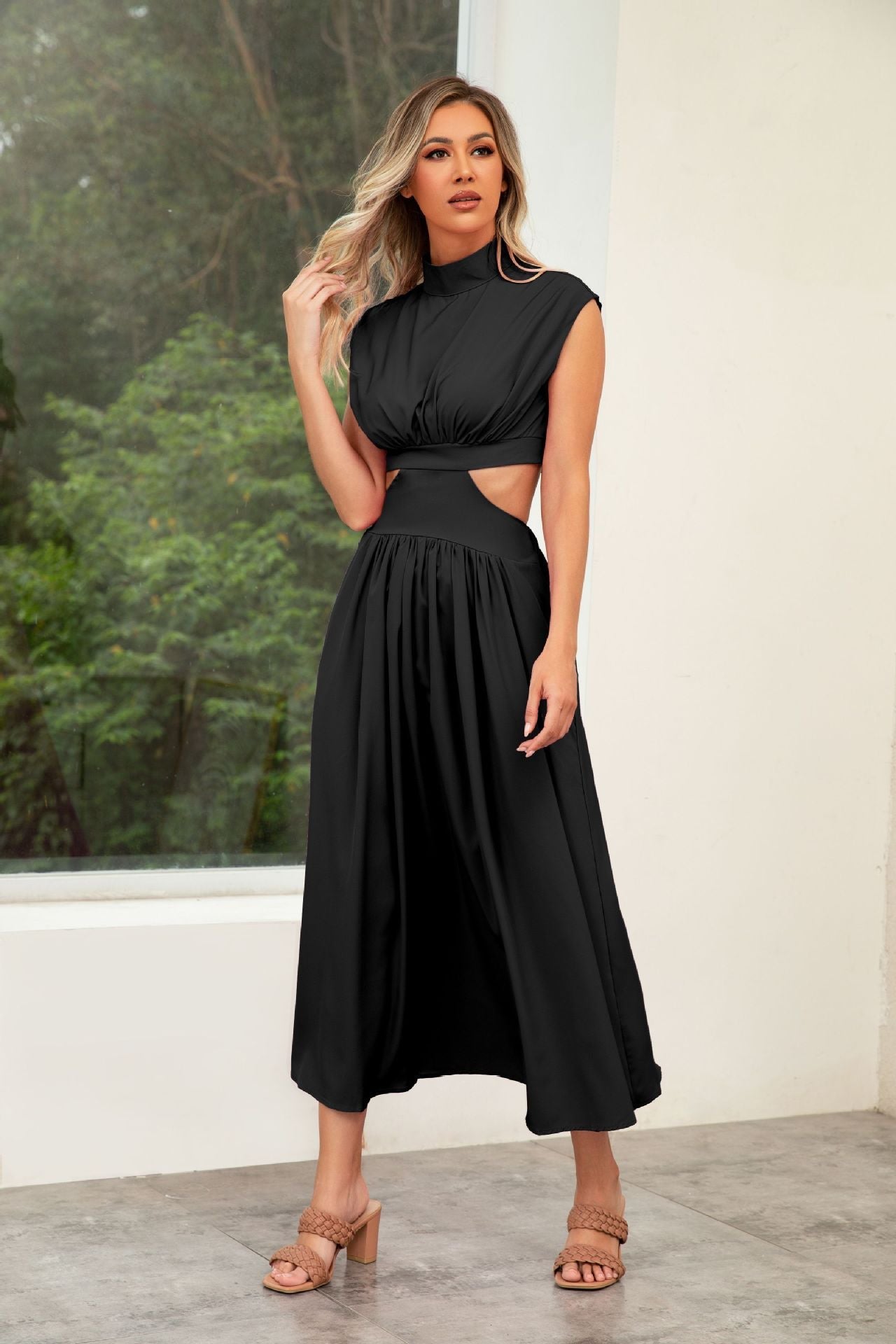 Self Made Real Shot Summer Sweet Stand Collar Macaron Color Cropped Outfit Maxi Dress
