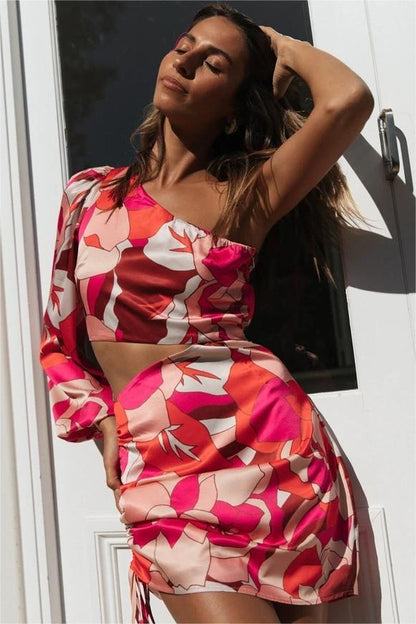 Printed One-shoulder Strapped Suit Mini Dress Orange