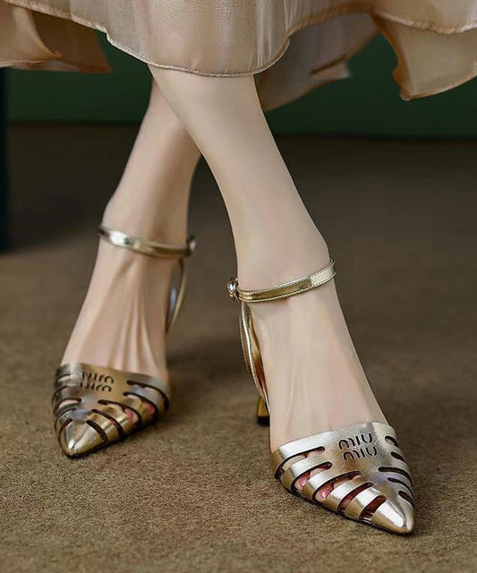 Gold Hollow Out Pointed Toe Classy Chunky Sandals Kj068