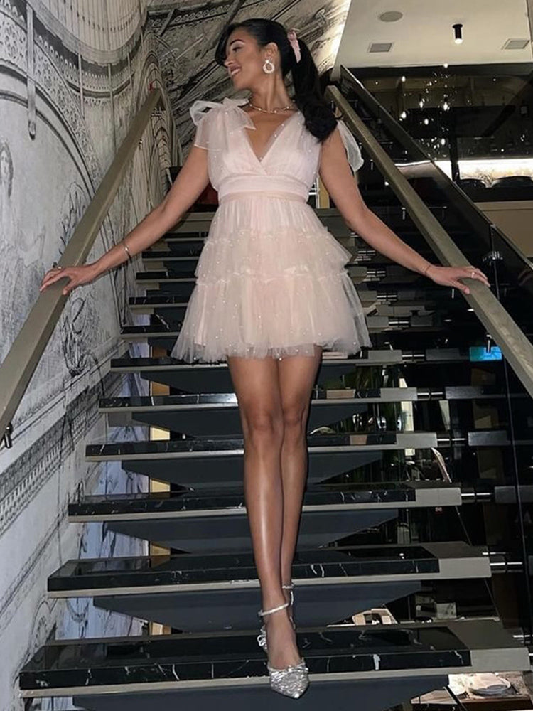 Tossy Mesh Bow Short Dress for Pearl Patchwork Sleeveless High Waist Color Party Evening Female Mini Dress