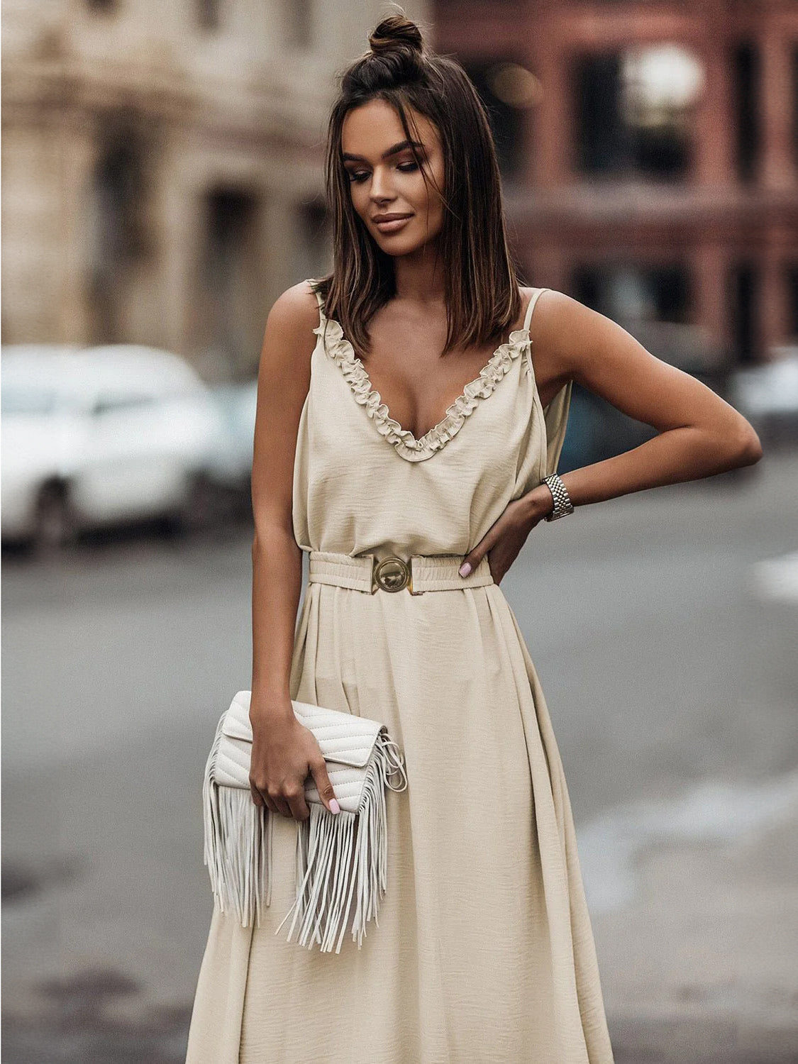 Dress Ruffles V-neck Belted Sleeveless Summer Maxi Dresses