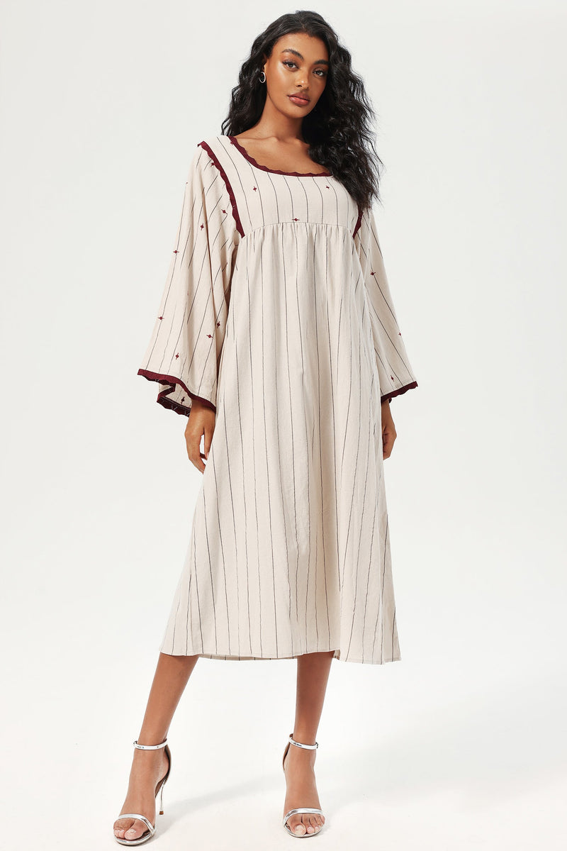 Striped Flared Sleeve Square Collar Knit Midi Dress