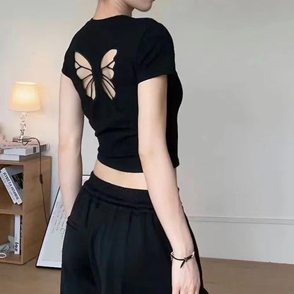 T-shirt Short Sleeve O Neck Slim Fit Crop Top Butterfly Hollow Backless for Tops Summer