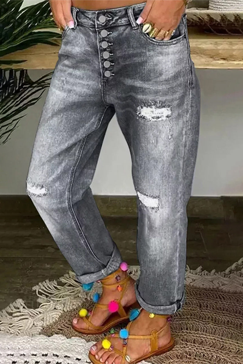 Street Ripped Buckle Low Waist Loose Denim Jeans(4 Colors)