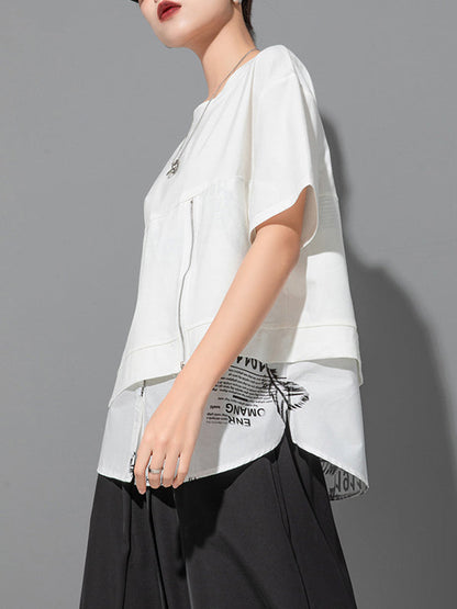 False Two Loose Printing Split-joint Round-neck T-shirts Tops