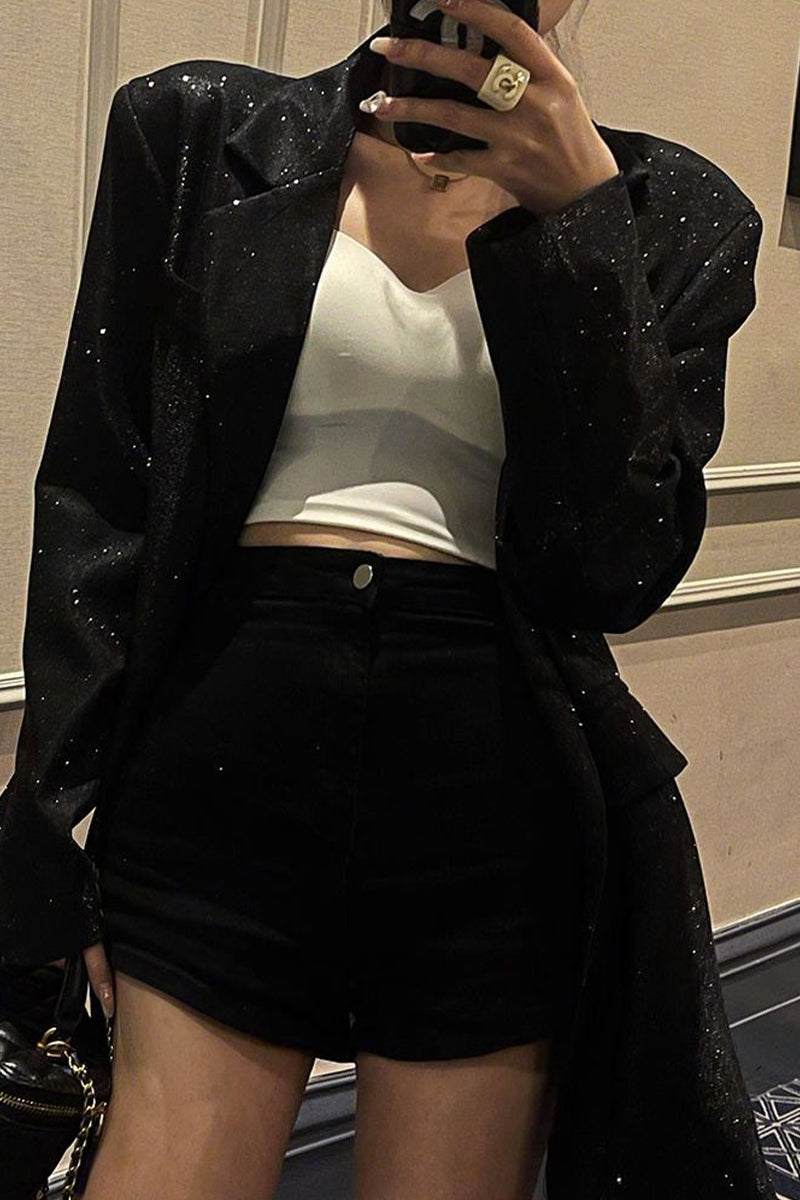 British Style Sequined Turn-back Collar Overcoat