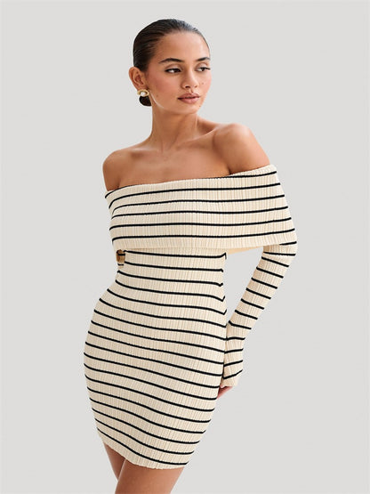 Tossy Striped Knit Sweater Mini Dress for Bandeau Backless Summer Contrast Party Dress Knitwear Mini Dress