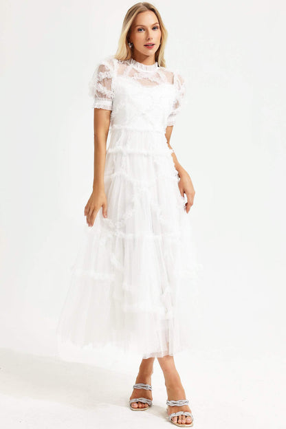 Round Collar Short Sleeve Mesh Ruffle Hem Midi Dress