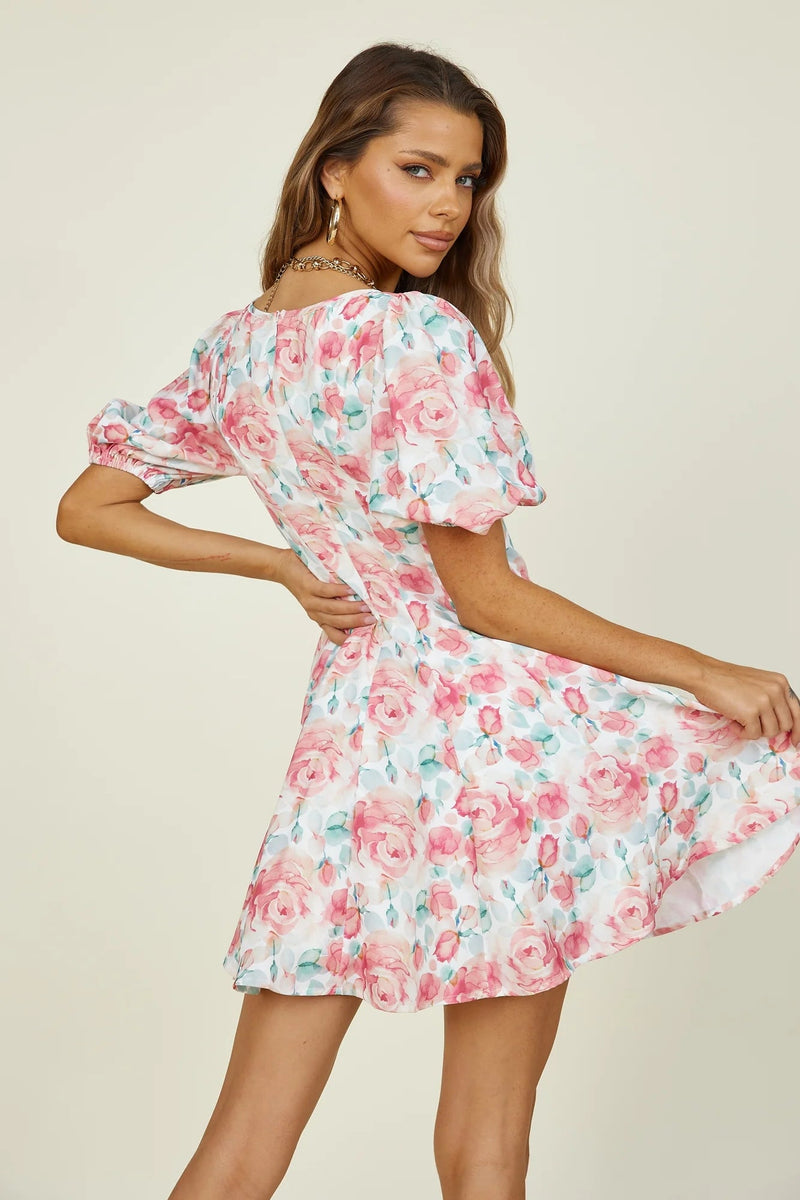 ’s Spring Summer Short Sleeve V-neck Printed Dress – Print Mini Dress