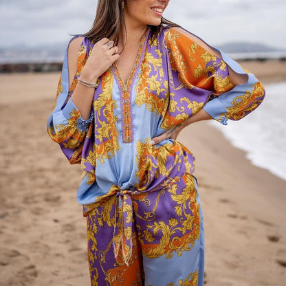 Spring Summer Clothing Printed Long Sleeved Top Straight Pants Suit
