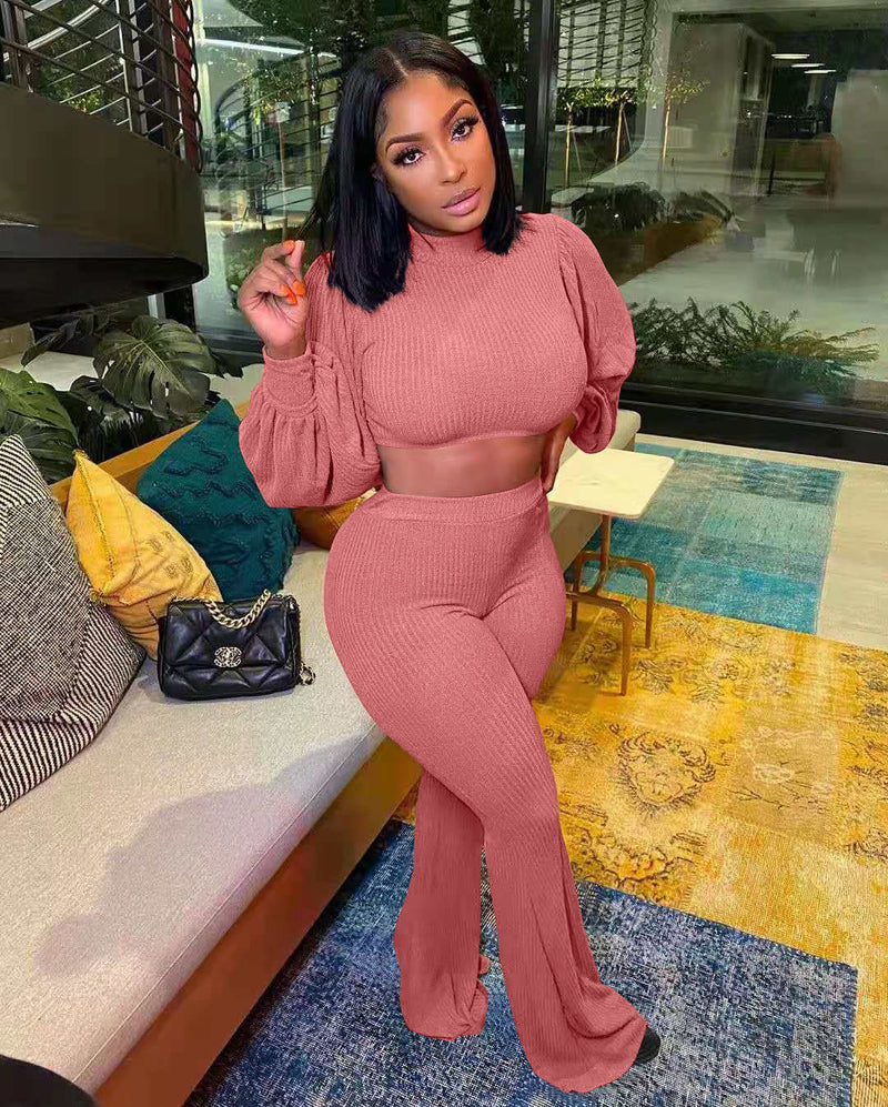 Urban Color Turtleneck Puff Sleeve Cropped Bell Bottom Pants Two Piece Set – Street Style Outfit