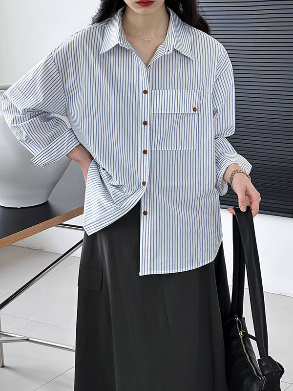 Long Sleeves Loose Buttoned Pockets Striped Lapel Blouses&shirts Tops