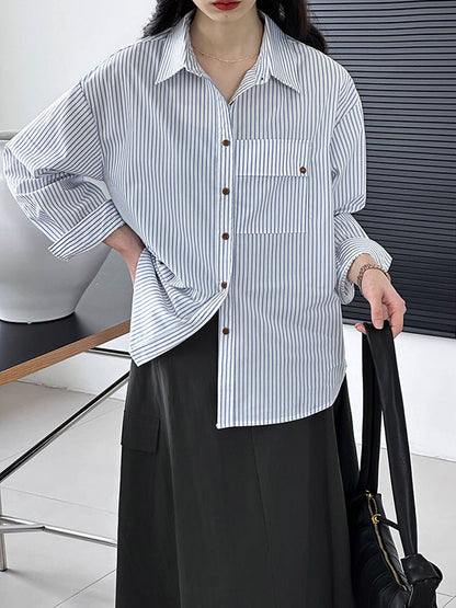 Long Sleeves Loose Buttoned Pockets Striped Lapel Blouses&shirts Tops