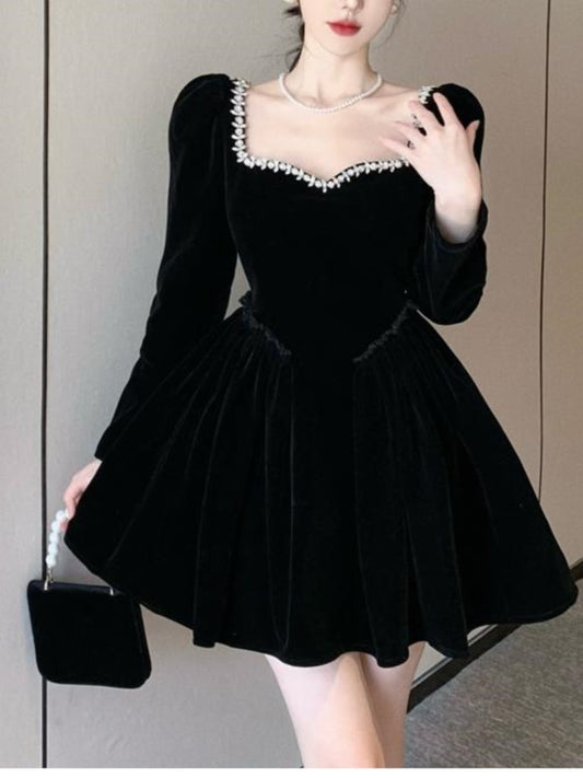 Black Velvet Mini Dress Long Sleeve Square Collar High Waist A-line Autumn Spring Evening Party Vestidos Mujer New