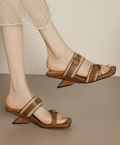 Khaki Wedge Boutique Hollow Out Slide Sandals Peep Toe Oi065