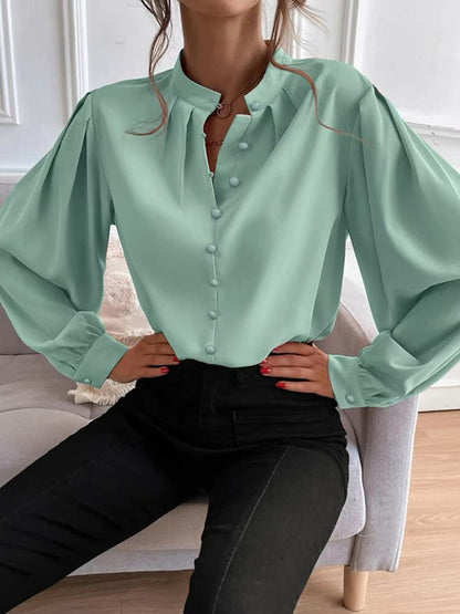 Loose Puff Sleeves Pleated Color Split-joint Stand Collar Blouses
