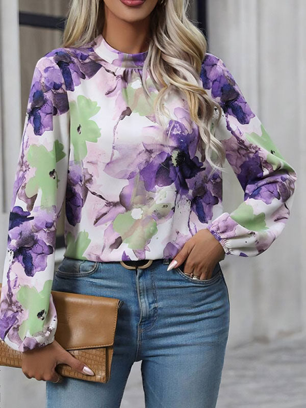 Long Sleeves Loose Elasticity Flower Print Pleated Mock Neck Blouses&shirts Tops