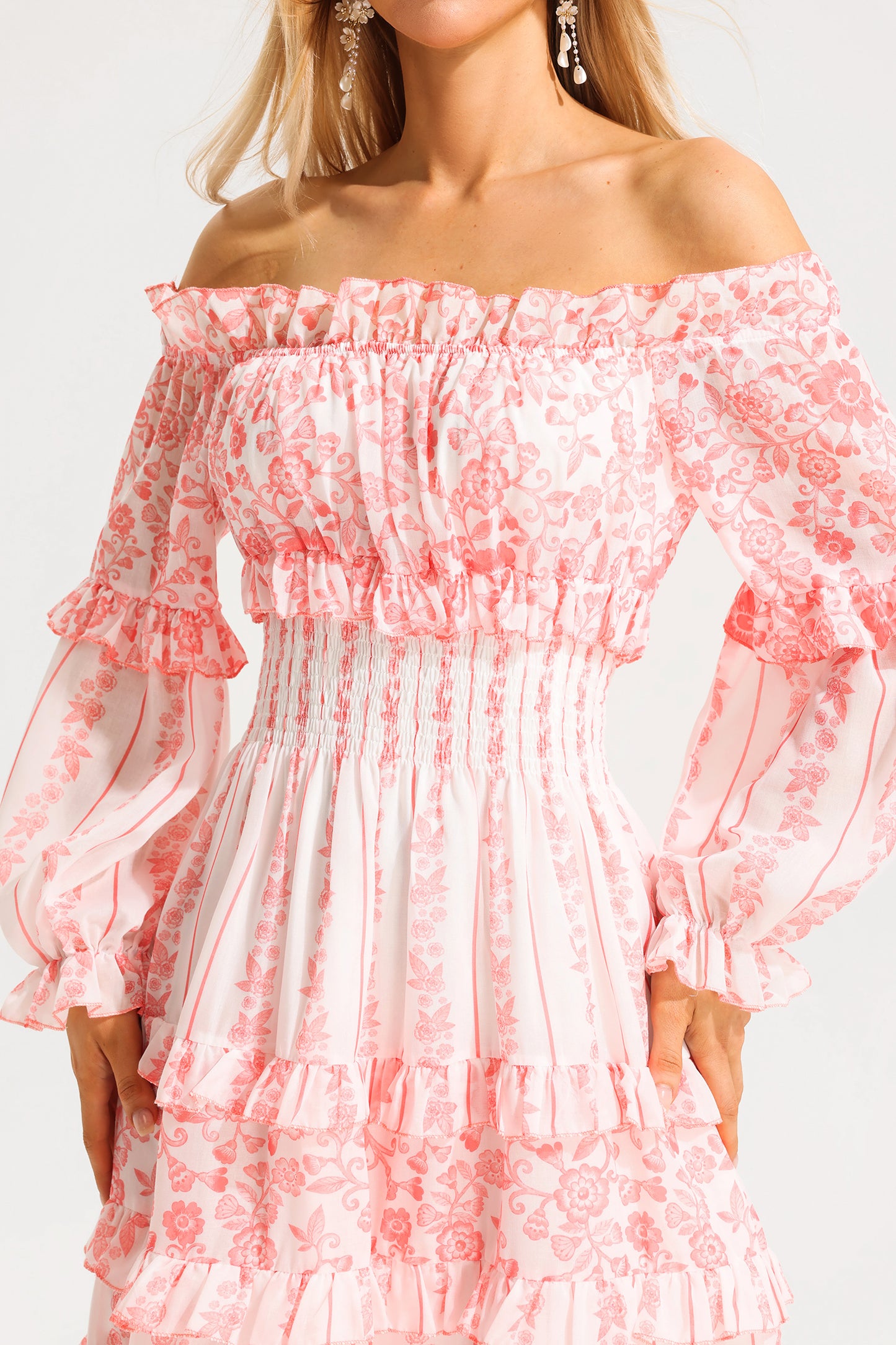 Print Frill Off-shoulder Midi Dress