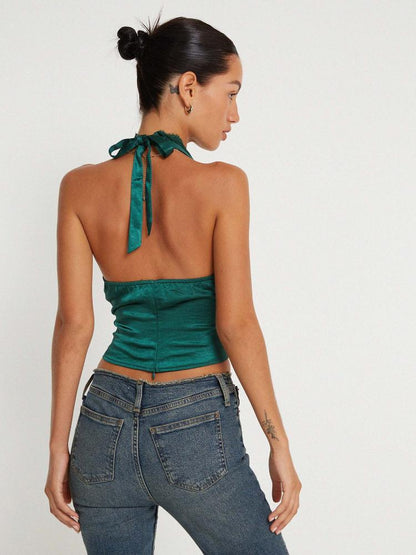 Kay Lace Trim Halter Satin Top
