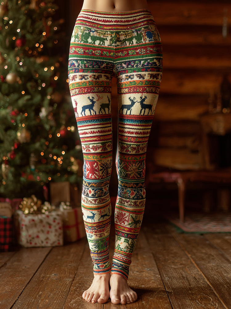 Comstylish Retro Christmas Elements Printed Women's Winter Knitted Tight-fitting Leggings